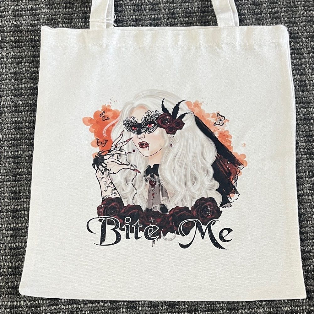 Bite Me Canvas Tote Cream Shoulder Bag Vampire Witchy Halloween NEW